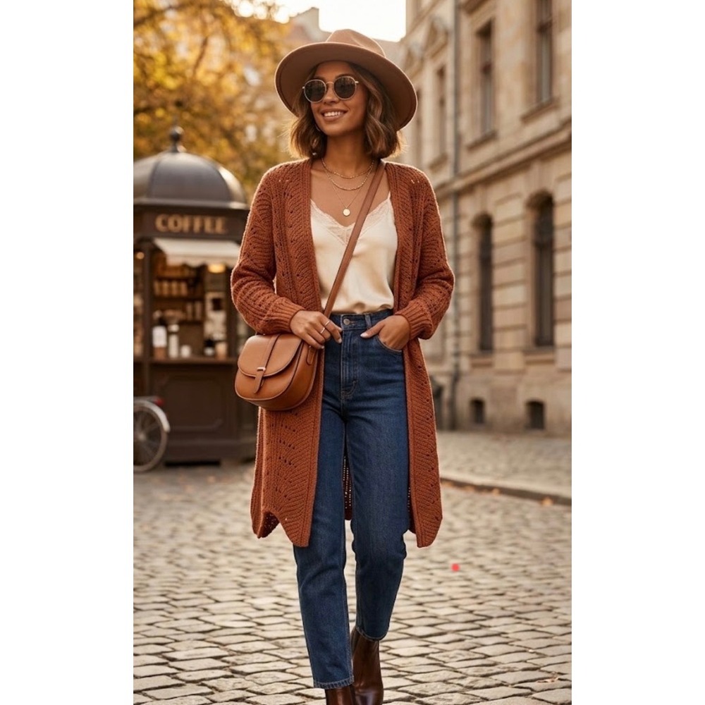 Absolutely Famous Rust Orange Pointelle Knit Longline Open Front Cardigan Medium